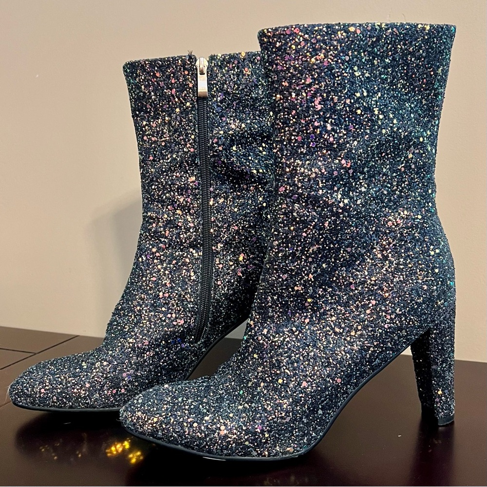 Black Glitter Faux Fur Lined Heeled Boots Size 9 – 4” Heel Party Ankle Boots